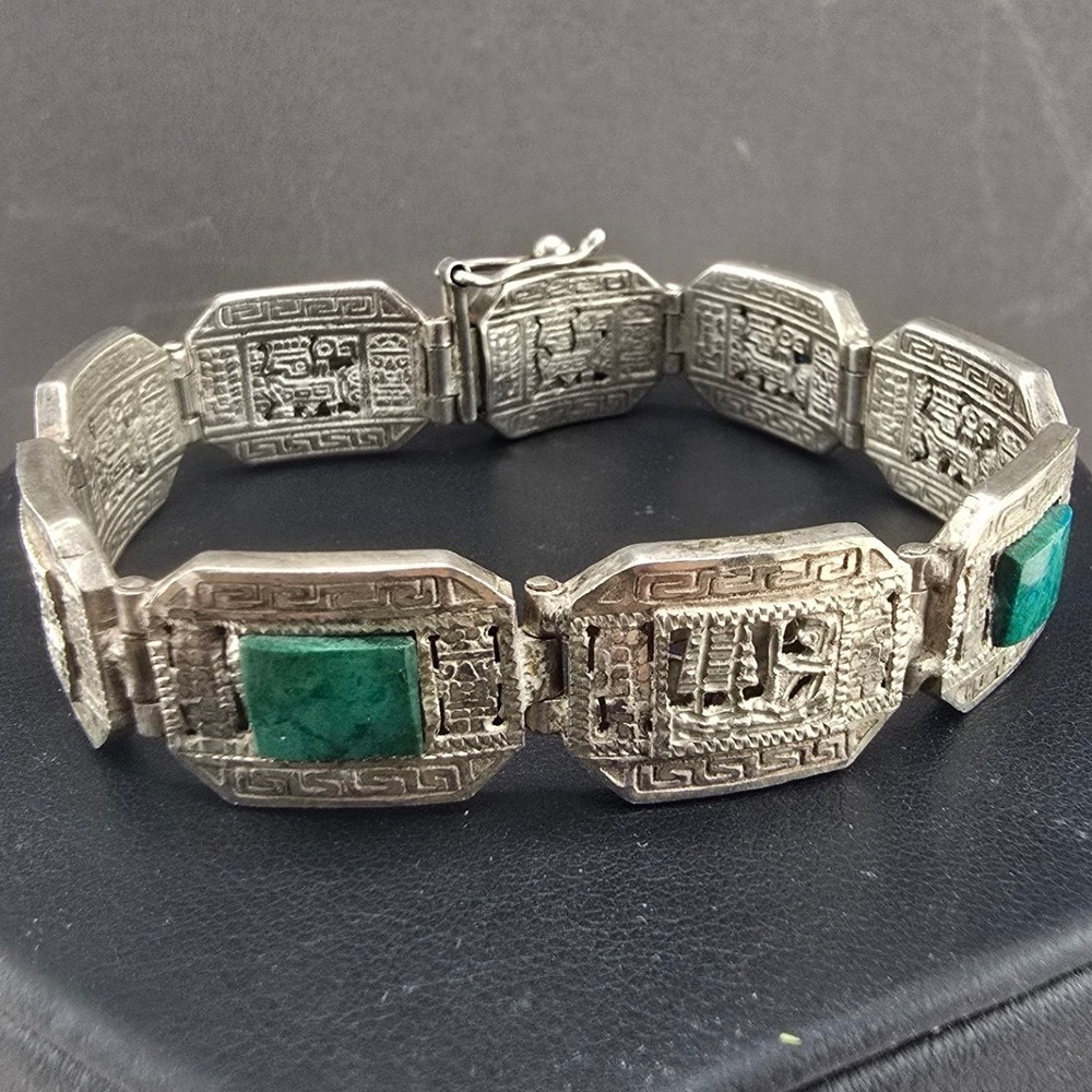 Vintage Estate Panel Bracelet Silver Green Stone Art Deco Greek Key 7in